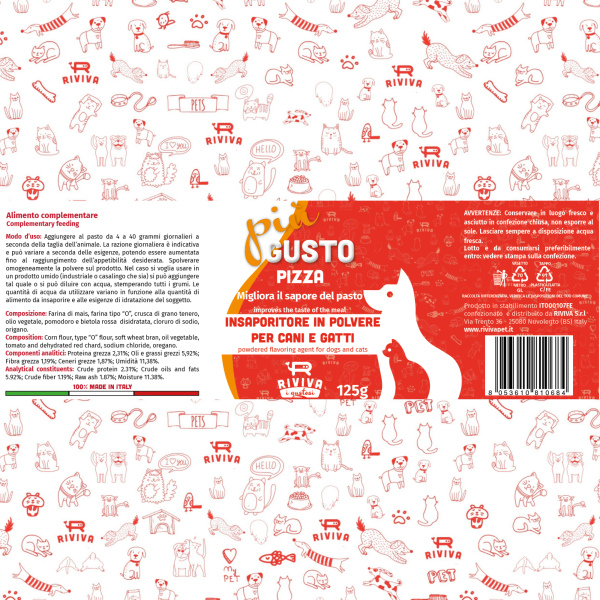 Speciale insaporitore in polvere appettizzante per cani e gatti gusto pizza, ideale per cani inappetenti, pratico e veloce