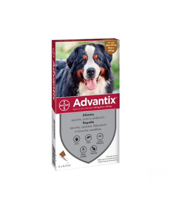 Advantix™ spot-on per cani Elimina zecche, pulci e pidocchi Repelle zecche, zanzare, flebotomi e mosche cavalline Adatto per: Cani adulti e cuccioli a partire dalle 7 settimane di vita Formulazione: spot-on (in gocce per uso esterno)
