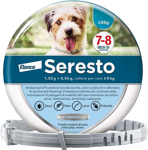 Collare antiparassitario Seresto per proteggere il cane da pulci e zecche e dalle malattie da loro veicolate; protezione fino a 8 mesi. Peso cane minire di 8 kg. Omaggio pinzetta leva zecche