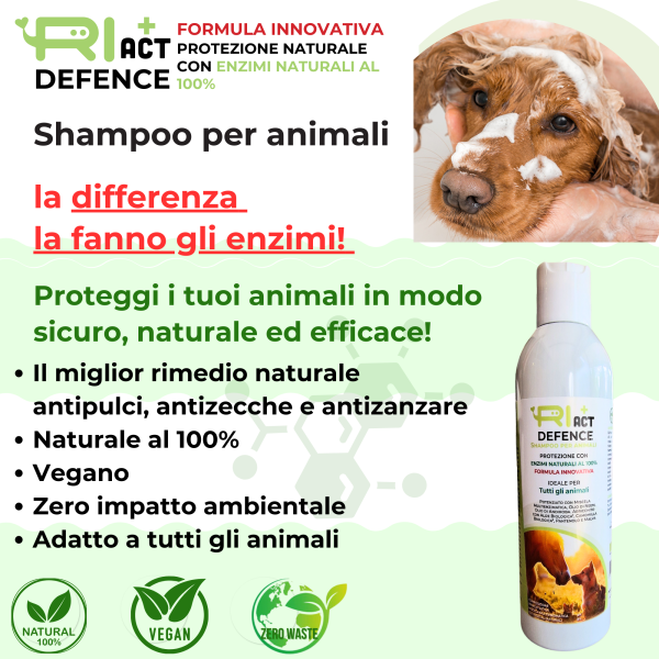 RI+ACT SHAMPOO PER TUTTI GLI ANIMALI CON ENZIMI NATURALI PROTEZIONE PER INSETTI, ZECCHE, PULCI, ZANZARE