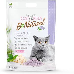 Cat&Rina BeNatural, lettiera per gatti al tofu da 5,5l. Lettiera gatto agglomerante vegetale. Fino a 30 giorni di utilizzo. Si smaltisce nell'organico o nel wc. Sabbia gatti anti odore alla Lavanda.