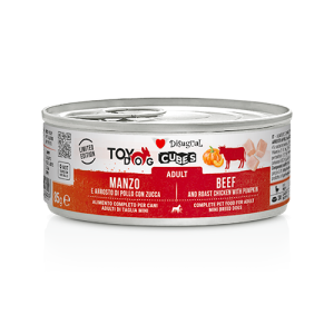 Disugual Umido Cane TOYDog Cubes Manzo e Arrosto di Pollo con Zucca 85g. Gustoso patè con cubetti senza Glutine, additivi e conservanti. Per cani di taglia piccola e media.