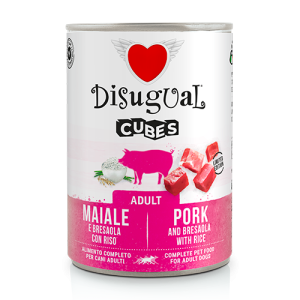 Disugual Cubes Umido Cane con Maiale Bresaola Riso 400gr - Alimento completo - bocconcini con macinato senza glutine