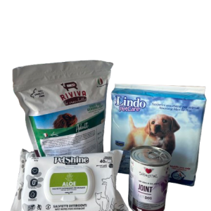 Box Promo Cane Senior Idea Regalo: 1 confezione umido 400gr + traversine 60x60cm + crocchette senior light + salviettine 40pz