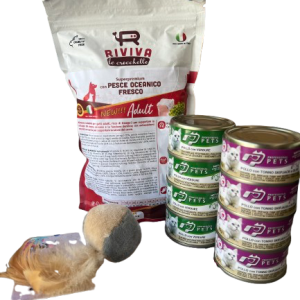 Box Promo Gatto: Crocchette Superpemium con Pesce oceanico Fresco 500gr + 8 confezioni umido Patè + gioco IMAC
